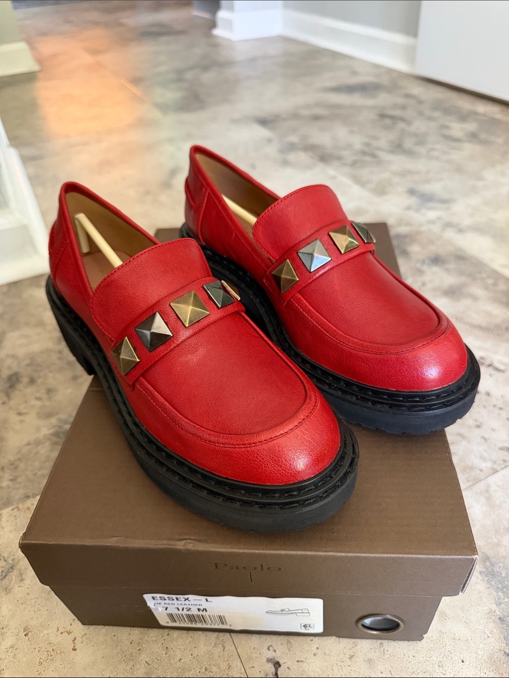 Dark Red Essex Paolo Stud-Trim Leather Loafers for Women